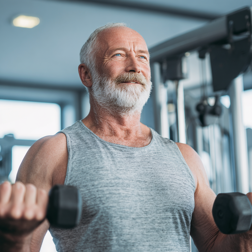 Confident elderly European man in fitness attire demonstrating proper form during strength training exercise in modern gym