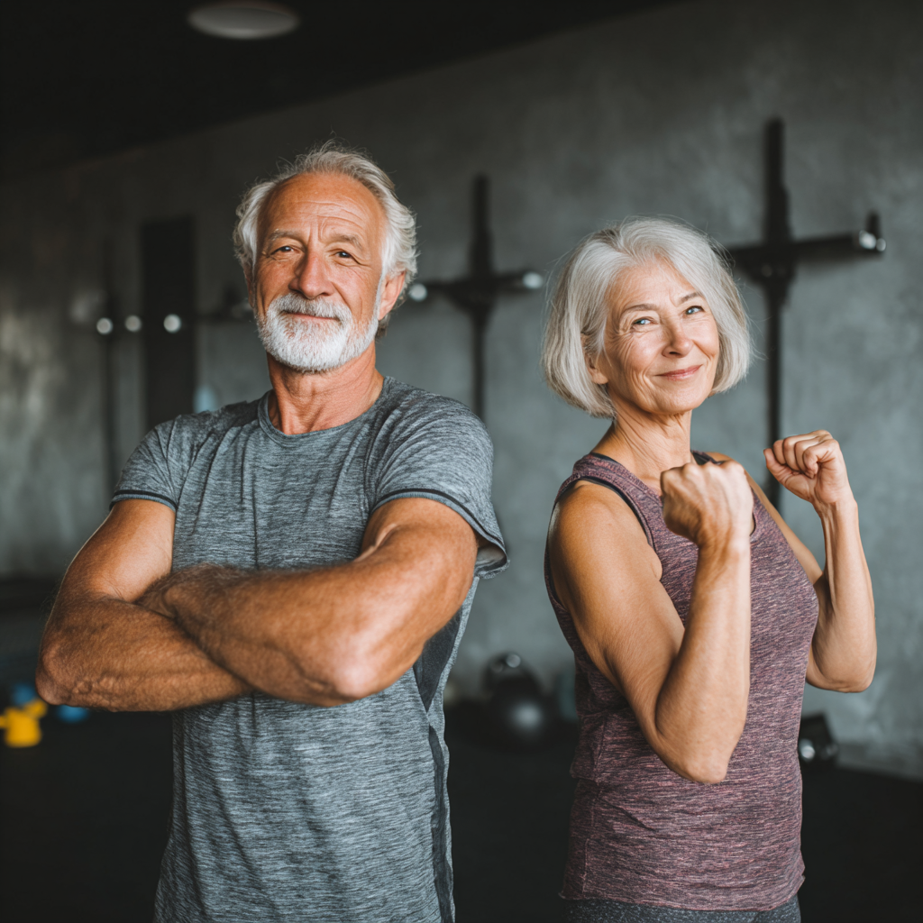 Elderly European woman practicing precise movement technique with focused concentration during guided fitness session