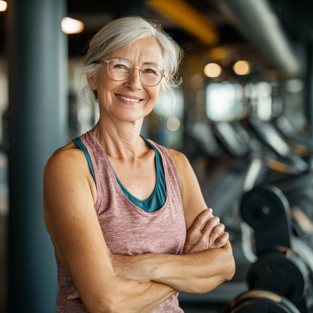 Peaceful elderly European person demonstrating breathing technique in serene fitness environment with natural lighting